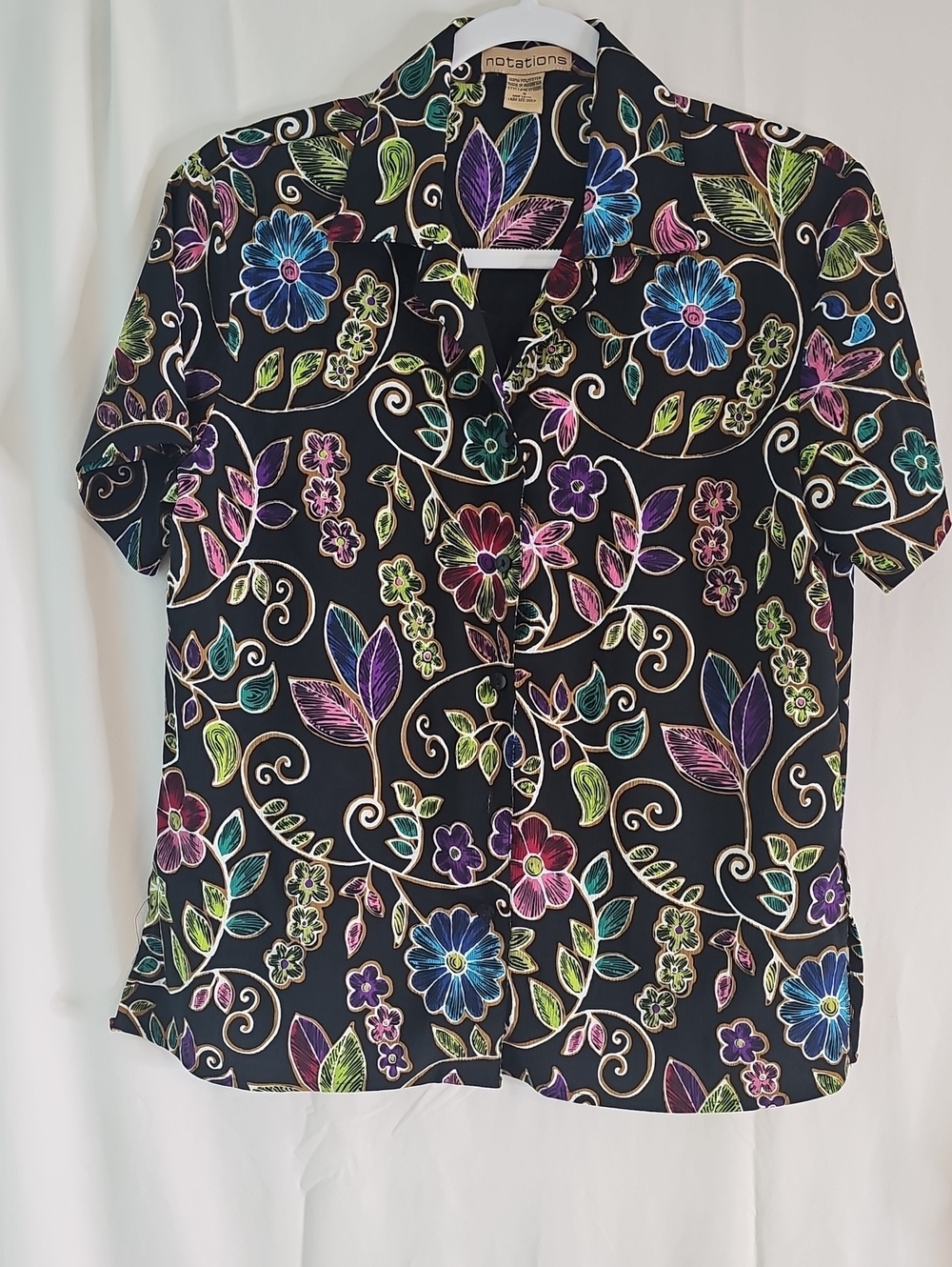Notations Black Floral Short-Sleeve Button-Up Top